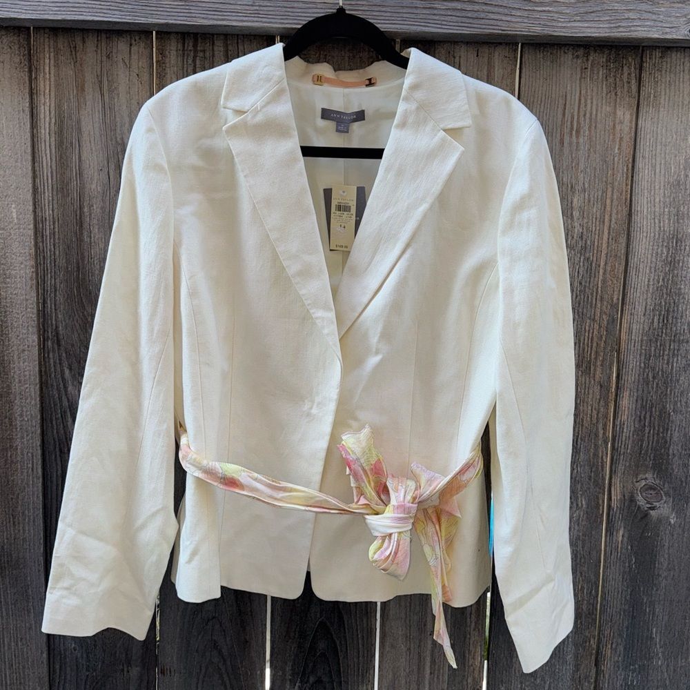 Ann Taylor White Tie Front Notch Collar Jacket Linen Blend Size 14